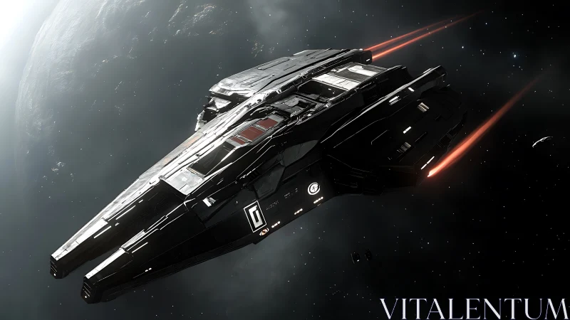 Twin-hull deep space interceptor with plasma exhaust trails.