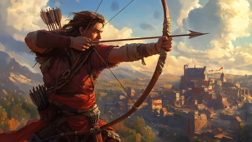 Lone archer draws a steady bow above a sunlit medieval city