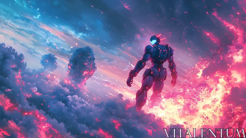 Cybernetic warrior surveys neon storm above burning clouds.