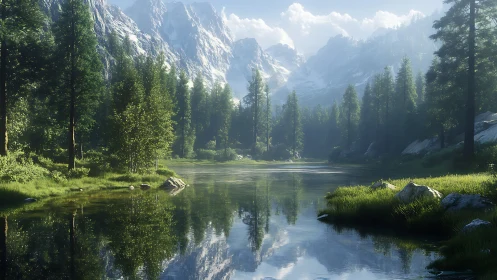 Alpine riverine basin with reflective symmetry and aerial haze.