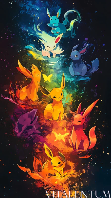 Elemental fox creatures in vertical chromatic arrangement.