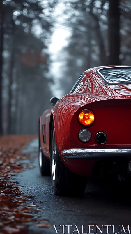 Rear view of red classic coupe on wet forest road.