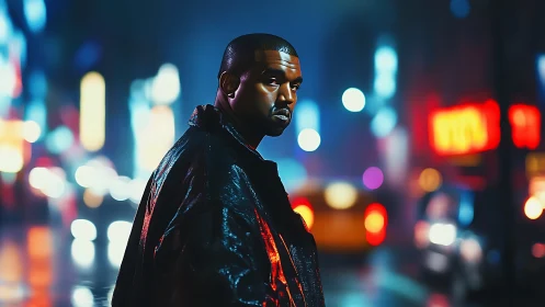 Man in leather coat stands in neon lit night street