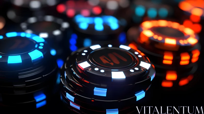 Stacks of Neon Casino Chips in Close-Up, Modern Digital Style.