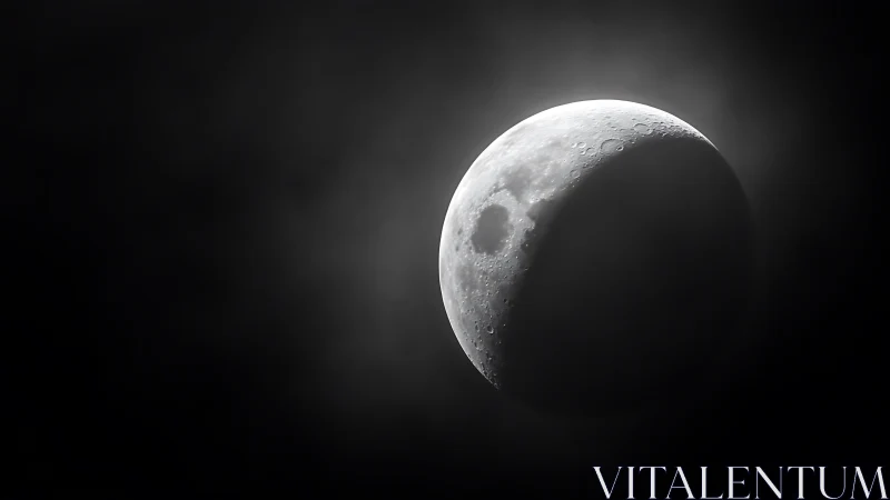 Luminous crescent moon emerging through drifting cosmic haze.