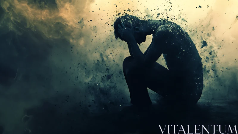 Shattered silhouette in quiet storm of emotion and light.