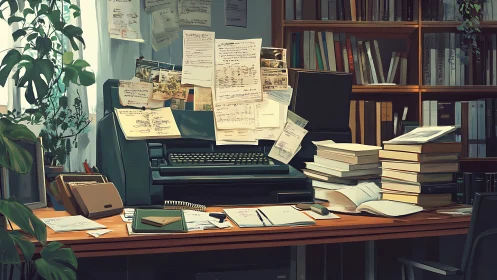 Crowded research desk with typewriter and reference materials.