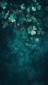 Emerald clover leaves drift over deep textured teal background