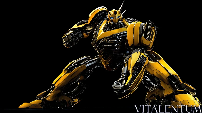 Dynamic yellow combat mecha in crouched attack stance.