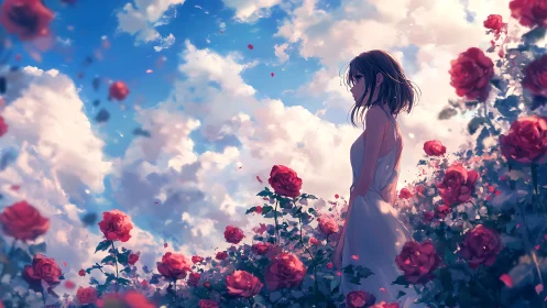 Side-lit girl in white dress amid saturated rose garden sky