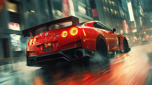 Midnight red street rocket carves neon rain into ribbons