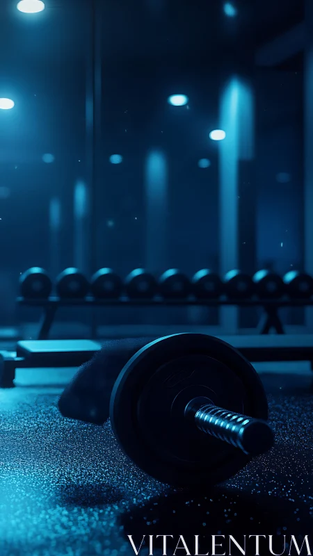 Cinematic blue low-key gym scene with foreground barbell focus.