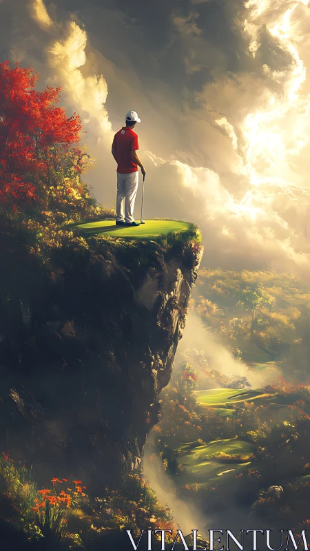 Digital painting of lone golfer on vertiginous cliff green.