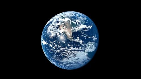 Earth from space with sharp cloud bands and deep oceans.