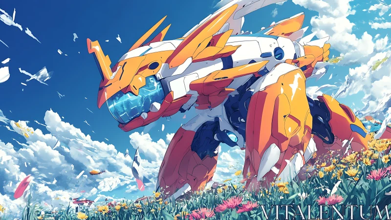 Orange and white quadruped mecha crosses flowered grassland
