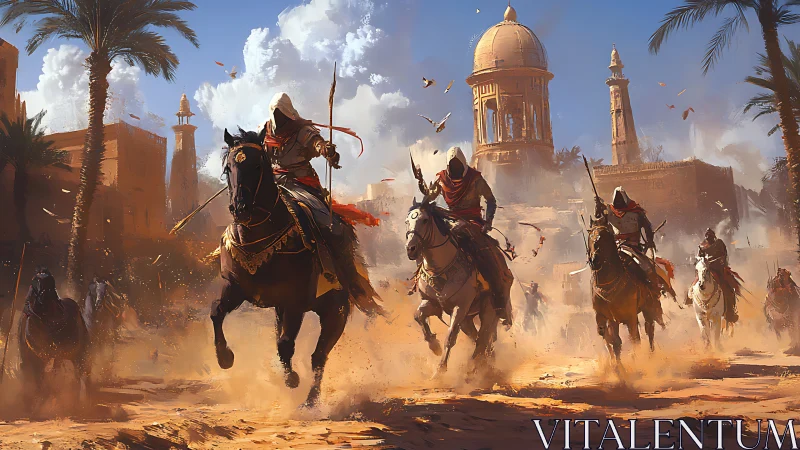 Hooded desert riders charge through ancient sunlit city.