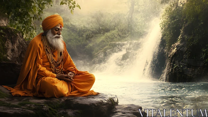 Elderly robed figure seated by waterfall in forest setting.