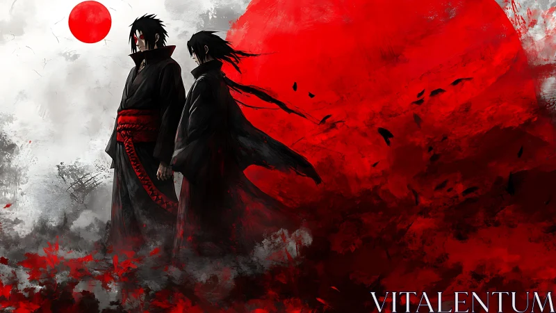 Two dark-robed figures stand before red abstract background