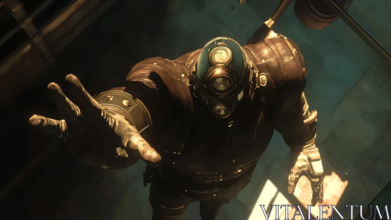 Industrial deep-sea diver exosuit reaching toward overhead light