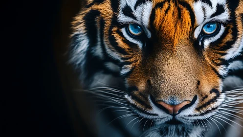 Close frontal portrait of blue-eyed tiger in low light.