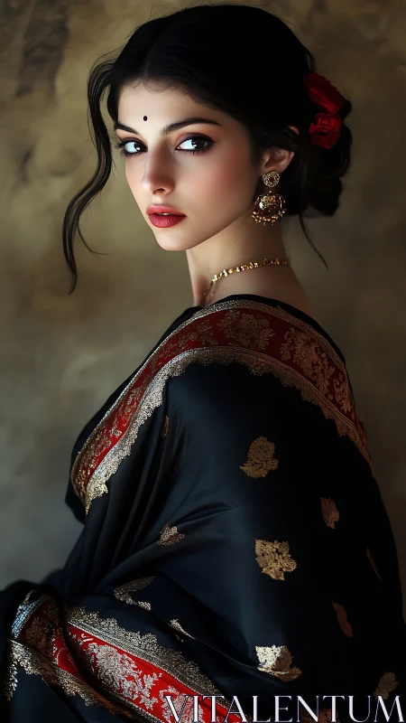 Graceful woman in ornate sari turns with quiet, timeless poise