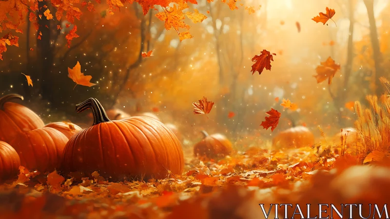 Pumpkins rest on forest floor under swirling autumn leaves