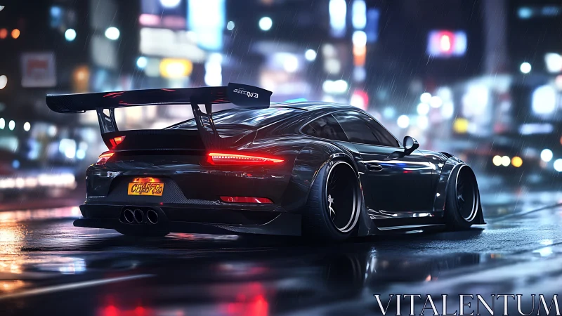 Modified black sports car is rendered on wet city street