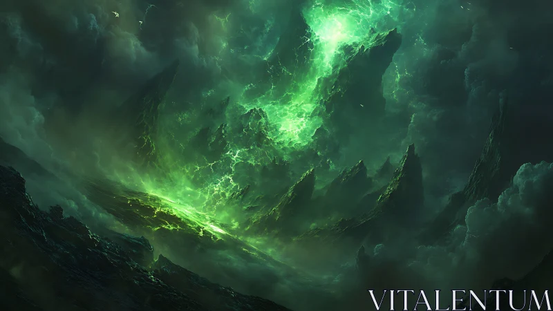 Volcanic alien rift with emerald plasma storm and jagged spires