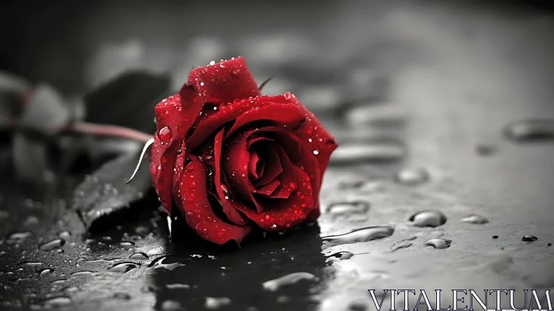 Rain-kissed crimson rose lingers on a silvered pavement