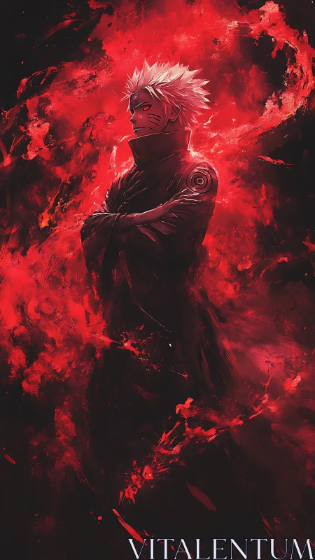 Crimson energy shroud around spiky‑haired combatant figure.