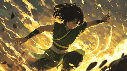 Elemental warrior lunging through molten earth and light.