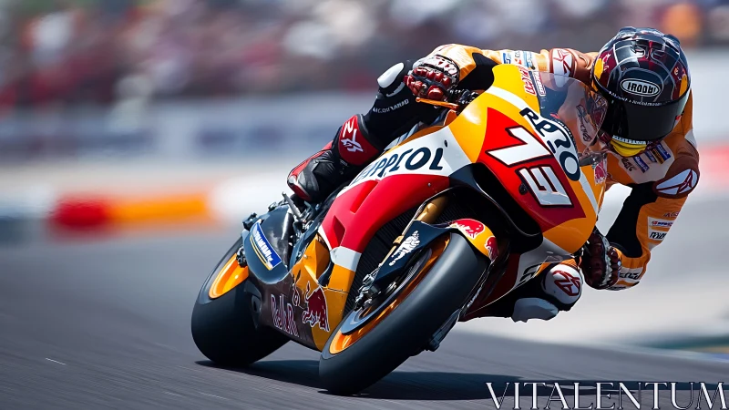 Roaring race bike leans low as rider attacks the fast corner