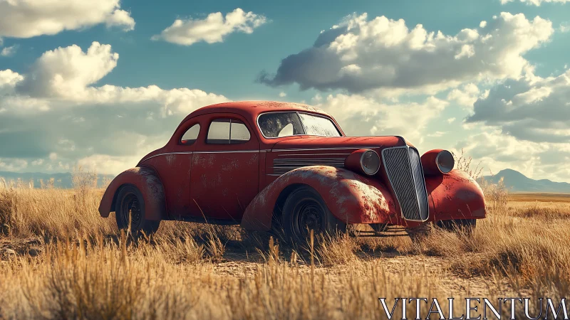 Weathered red vintage coupe in open dry grassland setting.