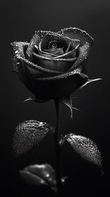 Black rose stem is shown in monochrome close-up view