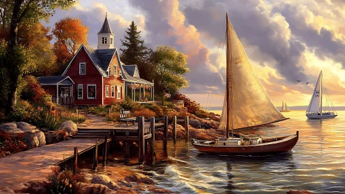 Sailboats drift past a sunlit lakeside cottage at sunset.