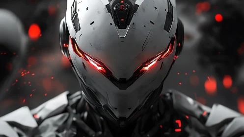 Futuristic combat android portrait with glowing red eyes.