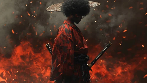 Afro samurai stands in roaring embers, cloaked in crimson fire
