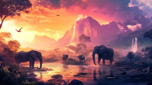 Elephants crossing reflective river in neon lit fantasy savanna