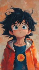 Wide-eyed daydreamer in orange hoodie beneath painted skies.