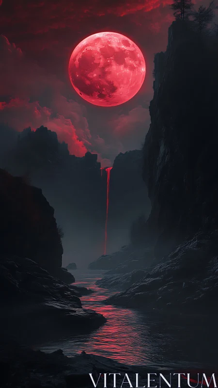 Crimson supermoon illuminates misted canyon and reflective river
