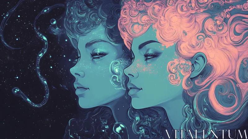 Celestial twin portraits merge neon dreams with cosmic night