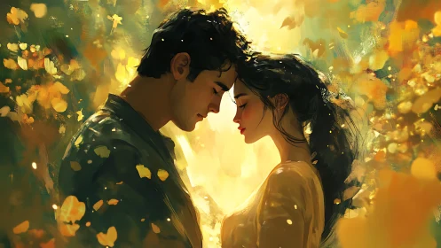 Intimate moment between two figures in golden light field.