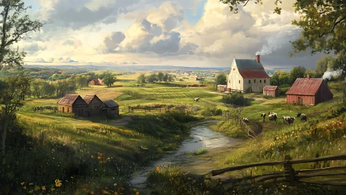 Sunlit country farmstead wrapped in fields and slow clouds.