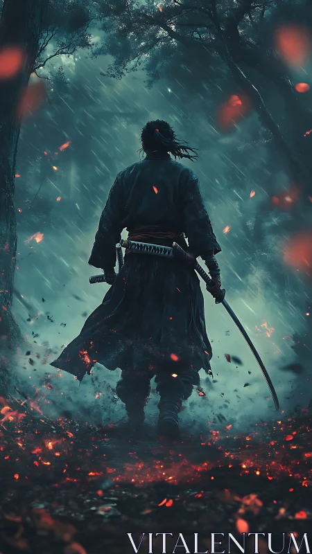 Lone samurai advances through ember-lit rainstorm forest scene
