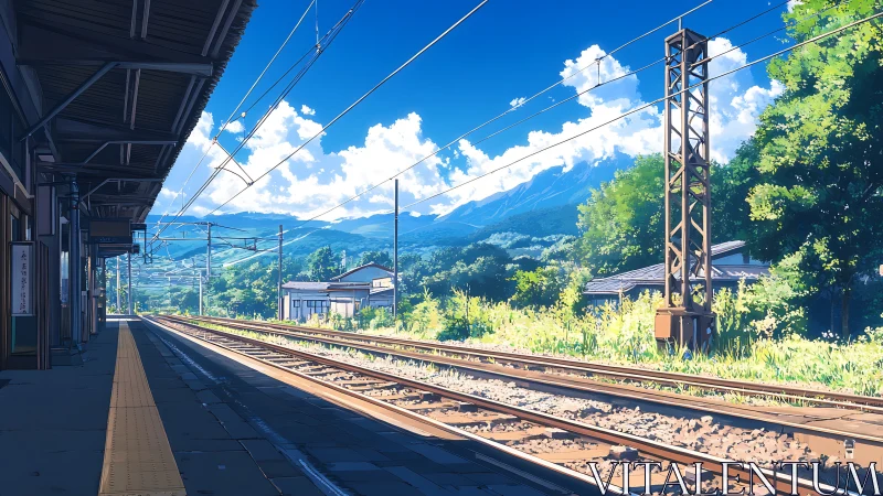 Rural railway platform under clear blue mountain sky.