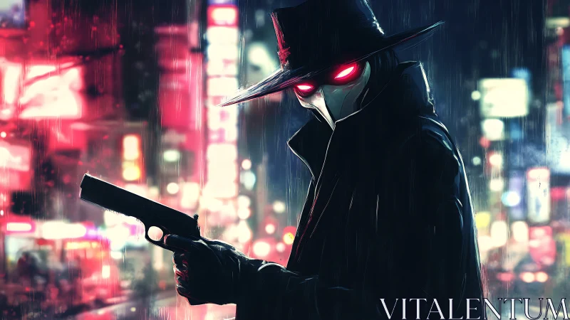 Masked gunman in neon city alley with glowing red eyes.