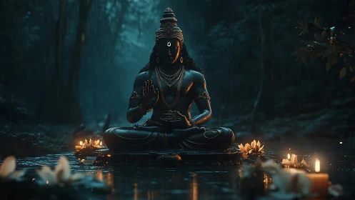 Rain-soaked forest deity glows in candlelit midnight stillness.
