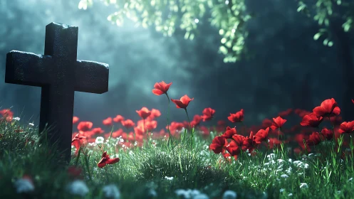 Stone grave cross rests amid glowing red poppy meadow.