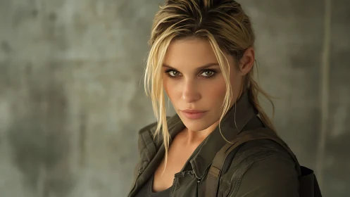 Intense portrait of blonde woman in military jacket.