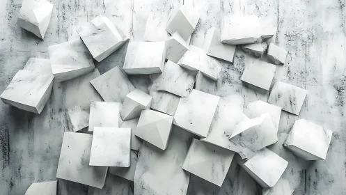 Marble-kissed white cubes drift like quiet tectonic thoughts